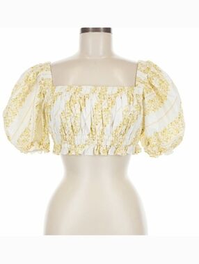 For Love & Lemons Yellow Floral Smocked Puff-Sleeve Crop Top